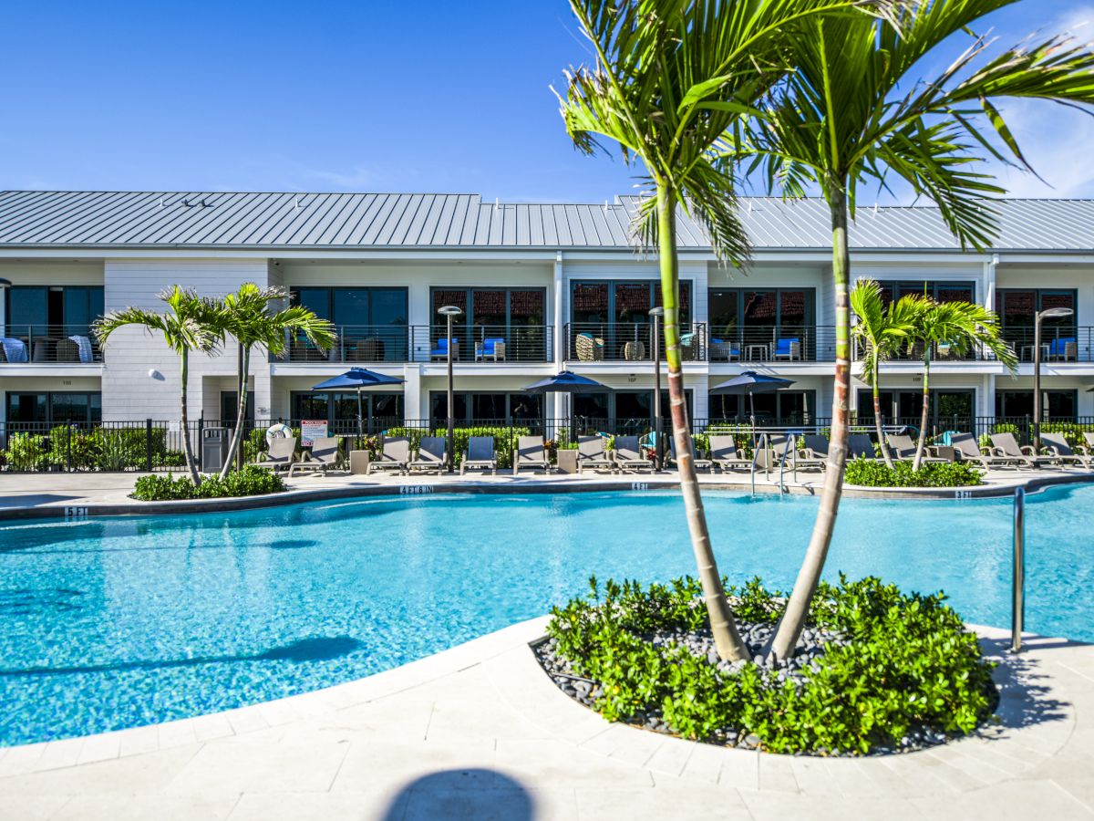 The image displays a modern resort with a lush pool area, surrounded by lounge chairs, umbrellas, and palm trees, under a clear blue sky.