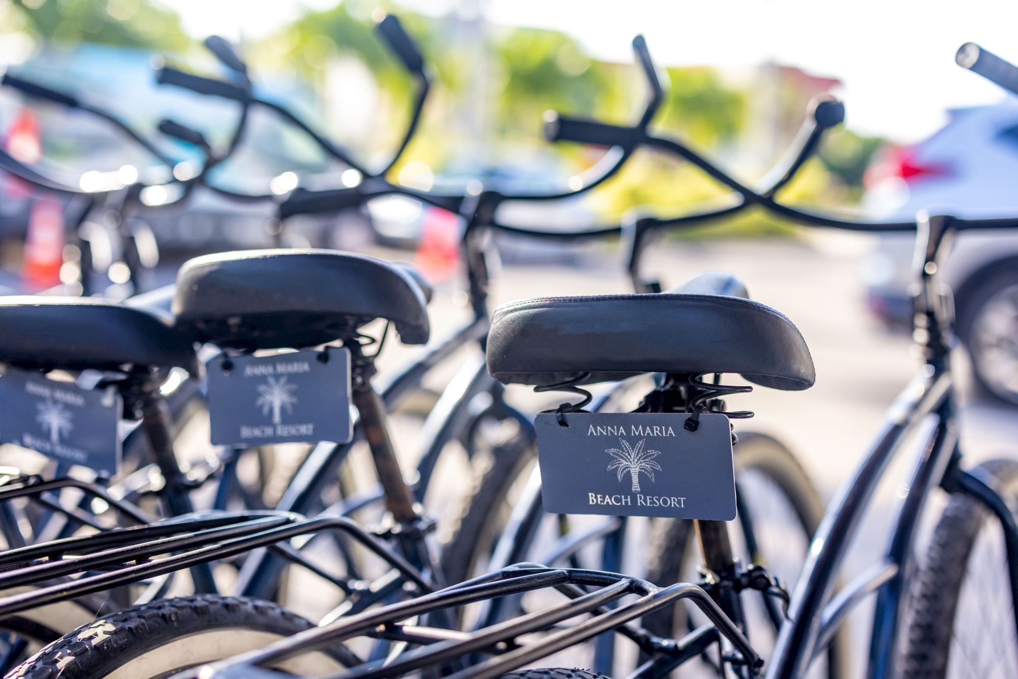 Several bicycles parked closely together, each labeled with 